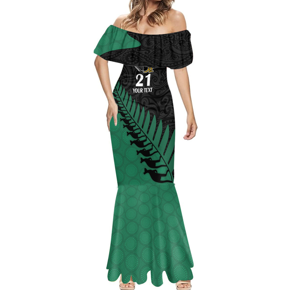 Custom Australia Wallabies and Aotearoa Rugby Mermaid Dress Kangaroo Black Fern Maori Green Vibe LT9 - Polynesian Pride