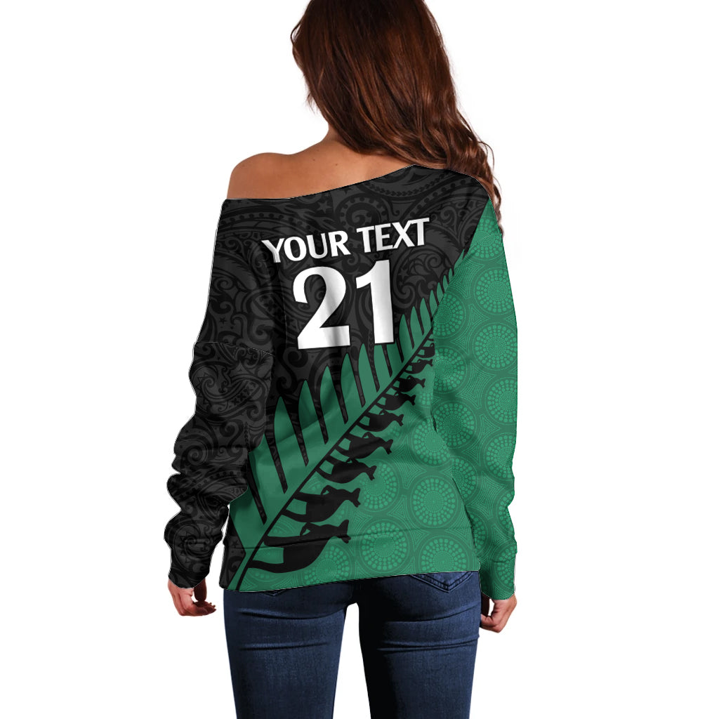 Custom Australia Wallabies and Aotearoa Rugby Off Shoulder Sweater Kangaroo Black Fern Maori Green Vibe LT9 - Polynesian Pride