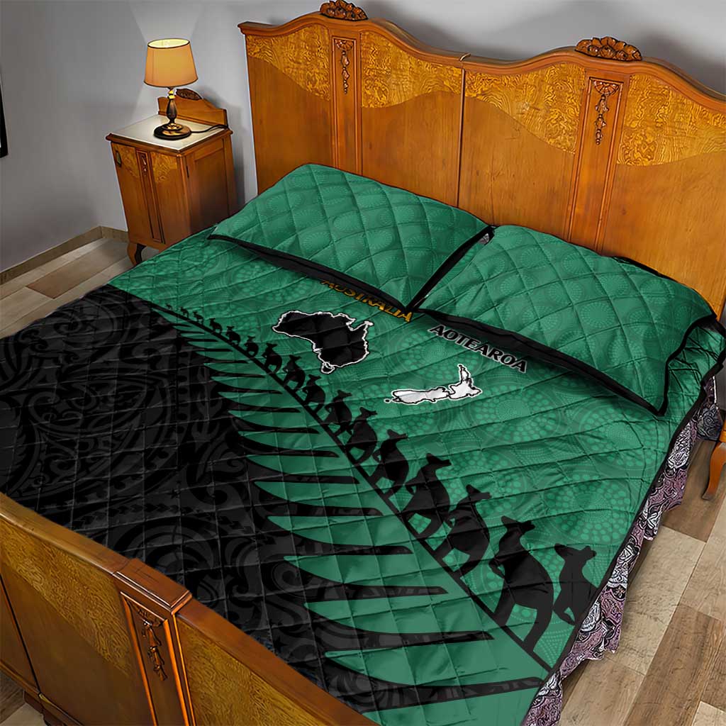 Australia New Zealand Rugby Quilt Bed Set Green Aboriginal Wallabies and Maori Black Fern - Polynesian Pride