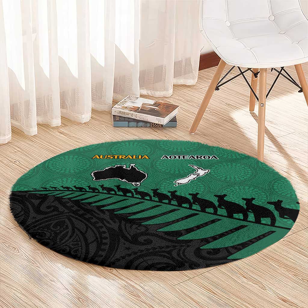 Australia New Zealand Rugby Round Carpet Green Aboriginal Wallabies and Maori Black Fern - Polynesian Pride