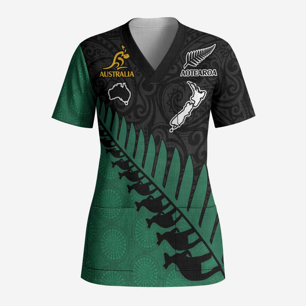 Australia New Zealand Rugby Scrub Top Green Aboriginal Wallabies and Maori Black Fern - Polynesian Pride
