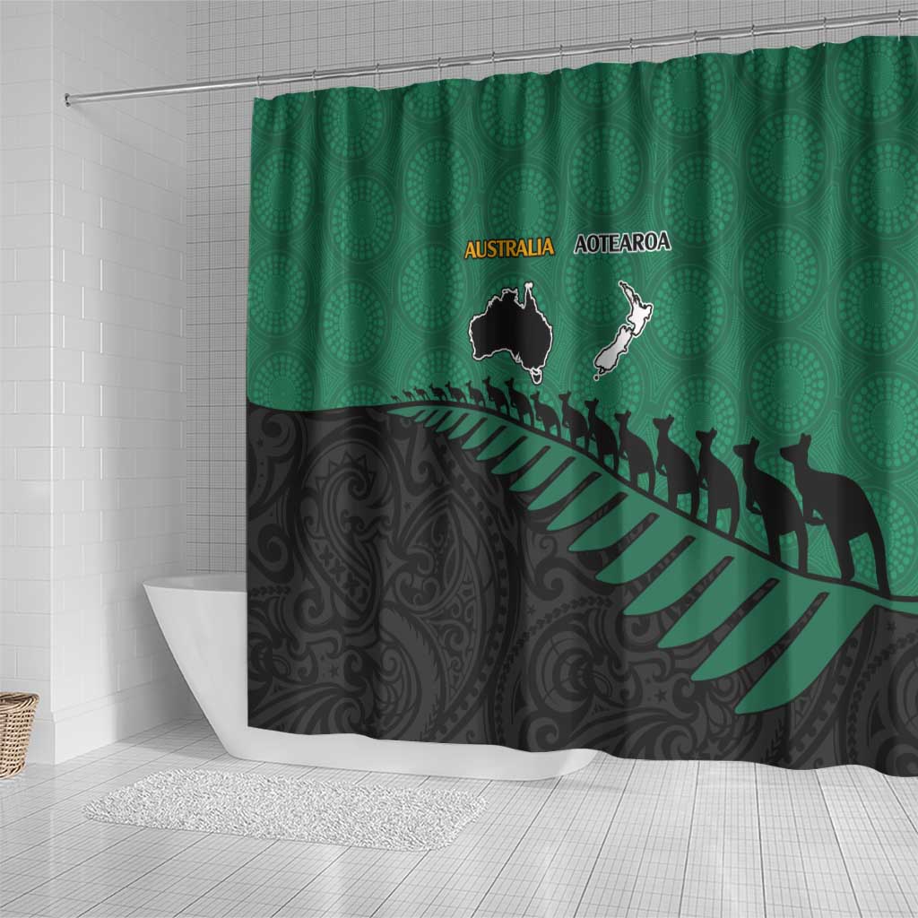 Australia New Zealand Rugby Shower Curtain Green Aboriginal Wallabies and Maori Black Fern - Polynesian Pride