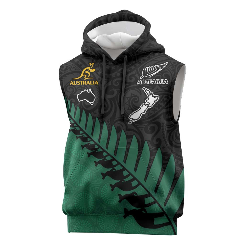Australia New Zealand Rugby Sleeveless Hoodie Green Aboriginal Wallabies and Maori Black Fern - Polynesian Pride