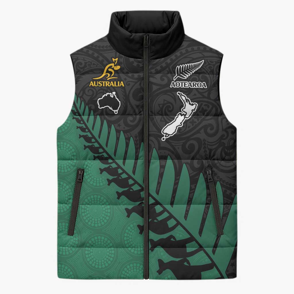 Australia New Zealand Rugby Sleeveless Puffer Jacket Green Aboriginal Wallabies and Maori Black Fern - Polynesian Pride