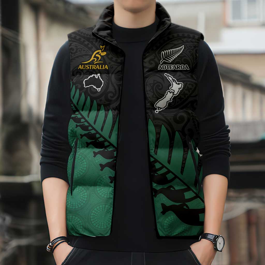 Australia New Zealand Rugby Sleeveless Puffer Jacket Green Aboriginal Wallabies and Maori Black Fern - Polynesian Pride