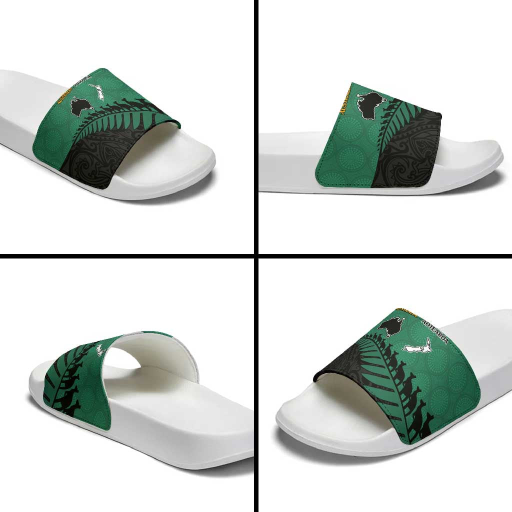 Australia New Zealand Rugby Slide Sandals Green Aboriginal Wallabies and Maori Black Fern - Polynesian Pride