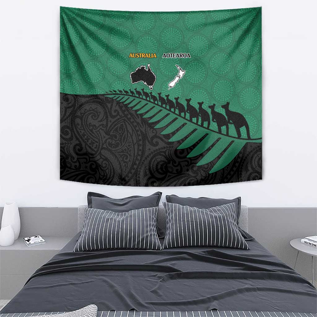 Australia New Zealand Rugby Tapestry Green Aboriginal Wallabies and Maori Black Fern - Polynesian Pride