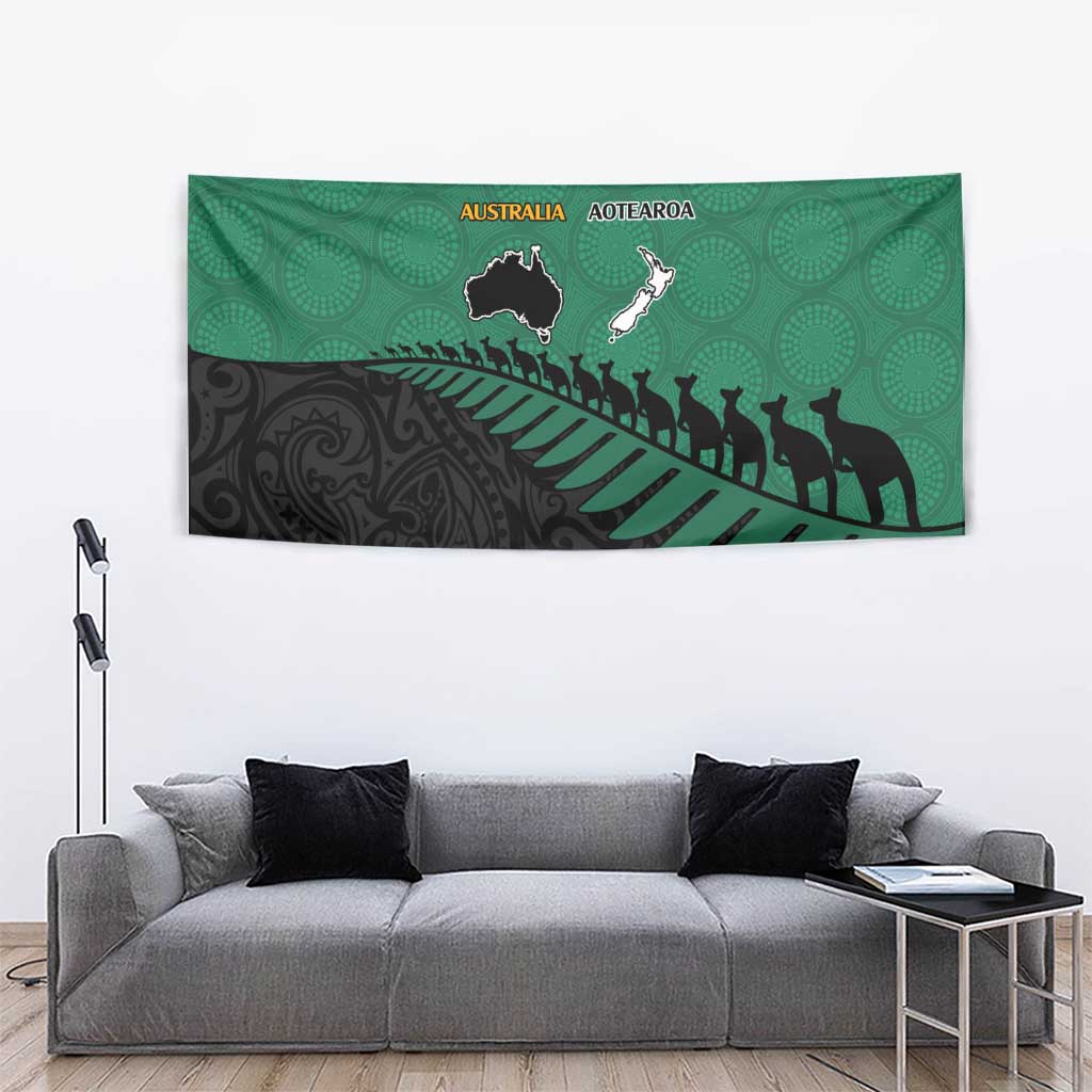 Australia New Zealand Rugby Tapestry Green Aboriginal Wallabies and Maori Black Fern - Polynesian Pride