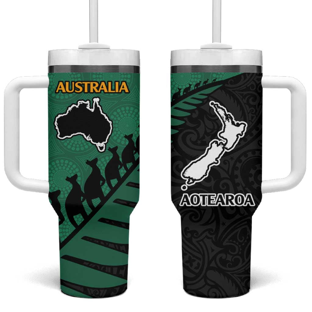 Australia New Zealand Rugby Tumbler With Handle Green Aboriginal Wallabies and Maori Black Fern - Polynesian Pride