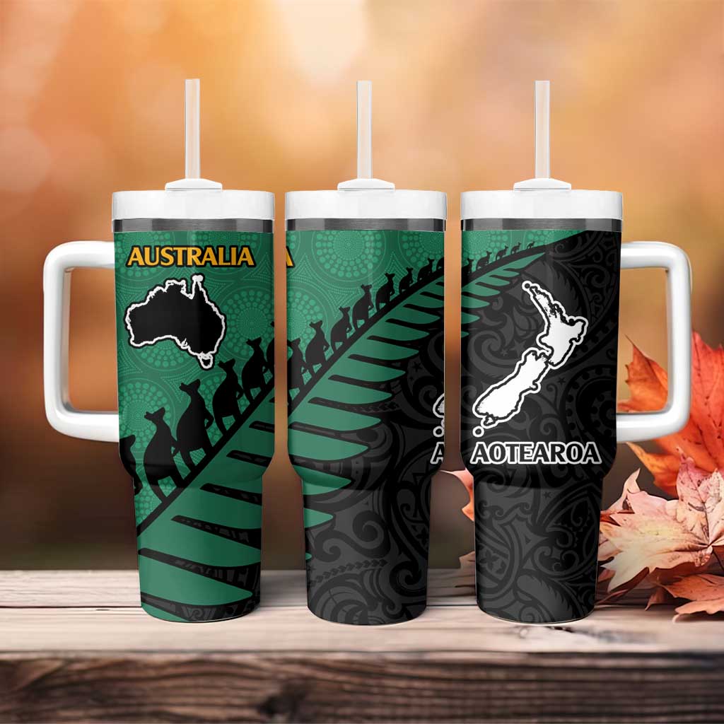 Australia New Zealand Rugby Tumbler With Handle Green Aboriginal Wallabies and Maori Black Fern - Polynesian Pride