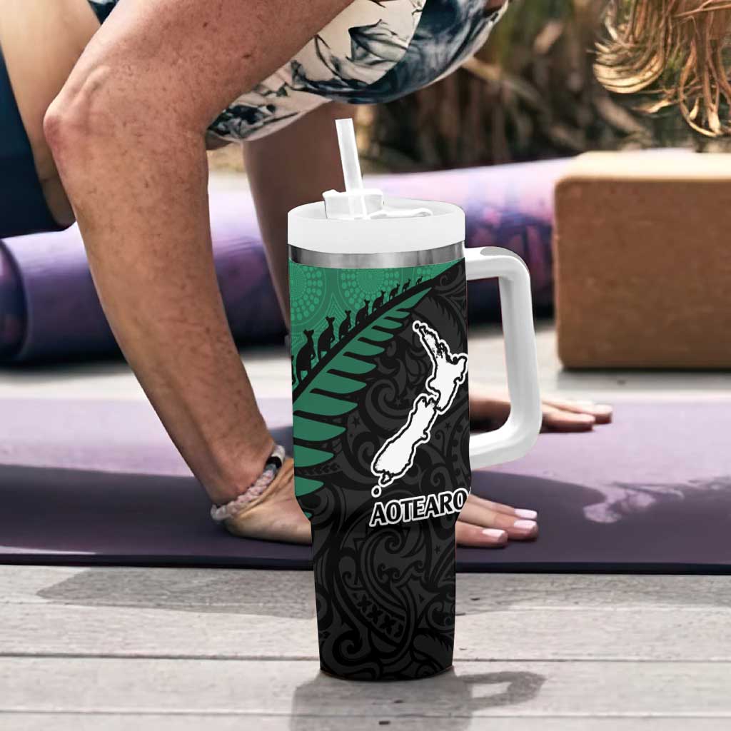 Australia New Zealand Rugby Tumbler With Handle Green Aboriginal Wallabies and Maori Black Fern - Polynesian Pride