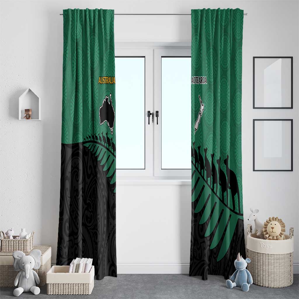 Australia New Zealand Rugby Window Curtain Green Aboriginal Wallabies and Maori Black Fern - Polynesian Pride
