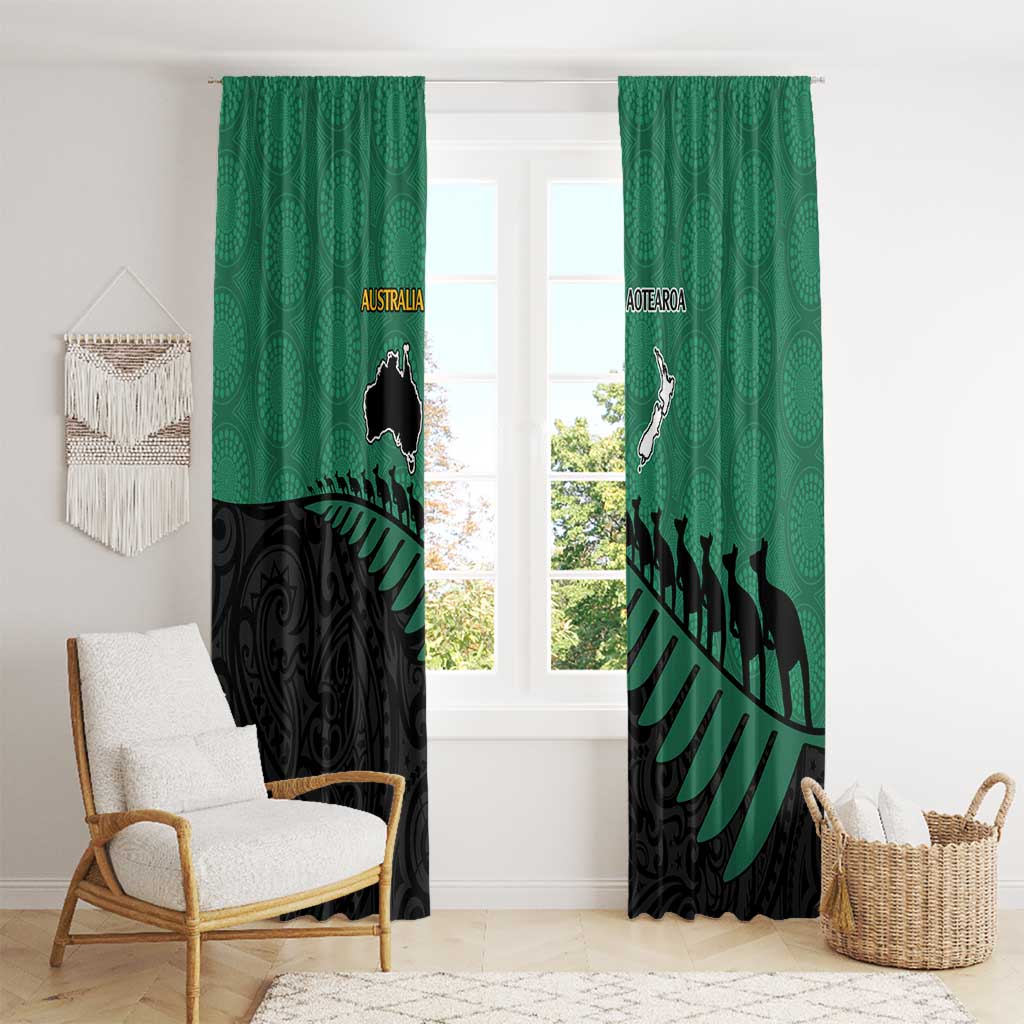 Australia New Zealand Rugby Window Curtain Green Aboriginal Wallabies and Maori Black Fern - Polynesian Pride