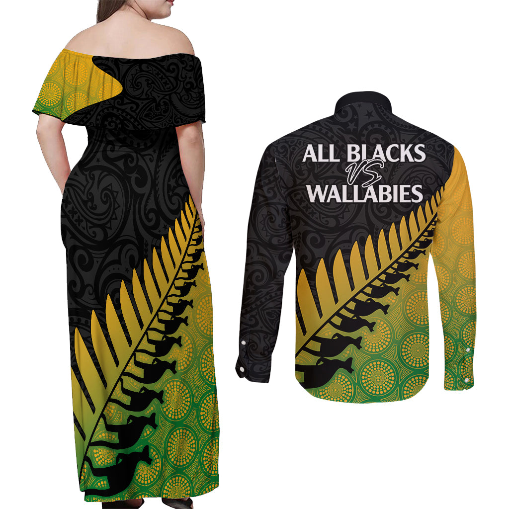 Australia Wallabies and Aotearoa Rugby Couples Matching Off Shoulder Maxi Dress and Long Sleeve Button Shirts Kangaroo Black Fern Maori Gradient Vibe LT9 - Polynesian Pride