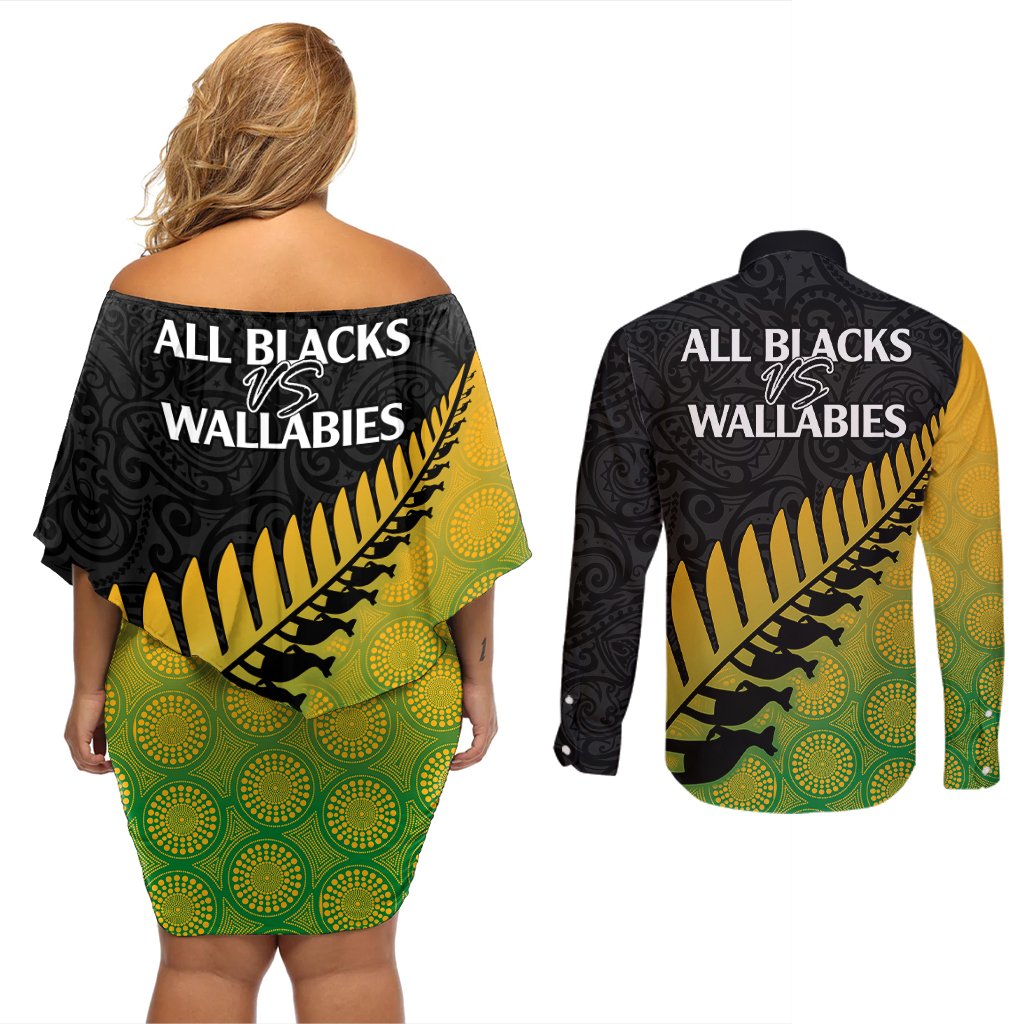 Australia Wallabies and Aotearoa Rugby Couples Matching Off Shoulder Short Dress and Long Sleeve Button Shirts Kangaroo Black Fern Maori Gradient Vibe LT9 - Polynesian Pride
