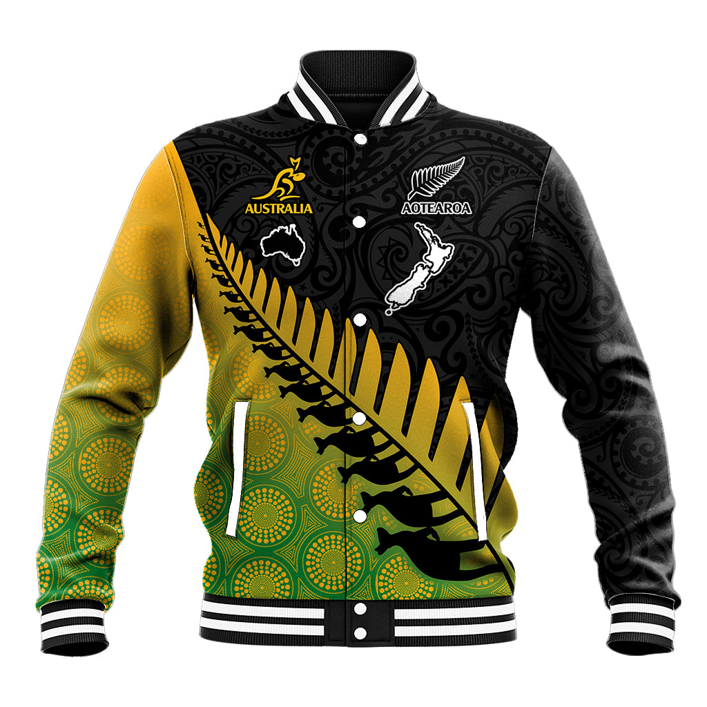 Custom Australia Wallabies and Aotearoa Rugby Baseball Jacket Kangaroo Black Fern Maori Gradient Vibe LT9 Unisex Gradient - Polynesian Pride