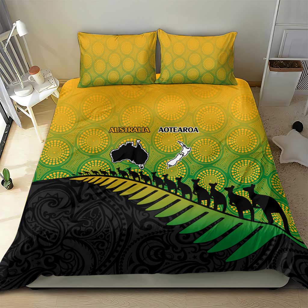 Australia New Zealand Rugby Bedding Set Gradient Aboriginal Wallabies and Maori Black Fern - Polynesian Pride
