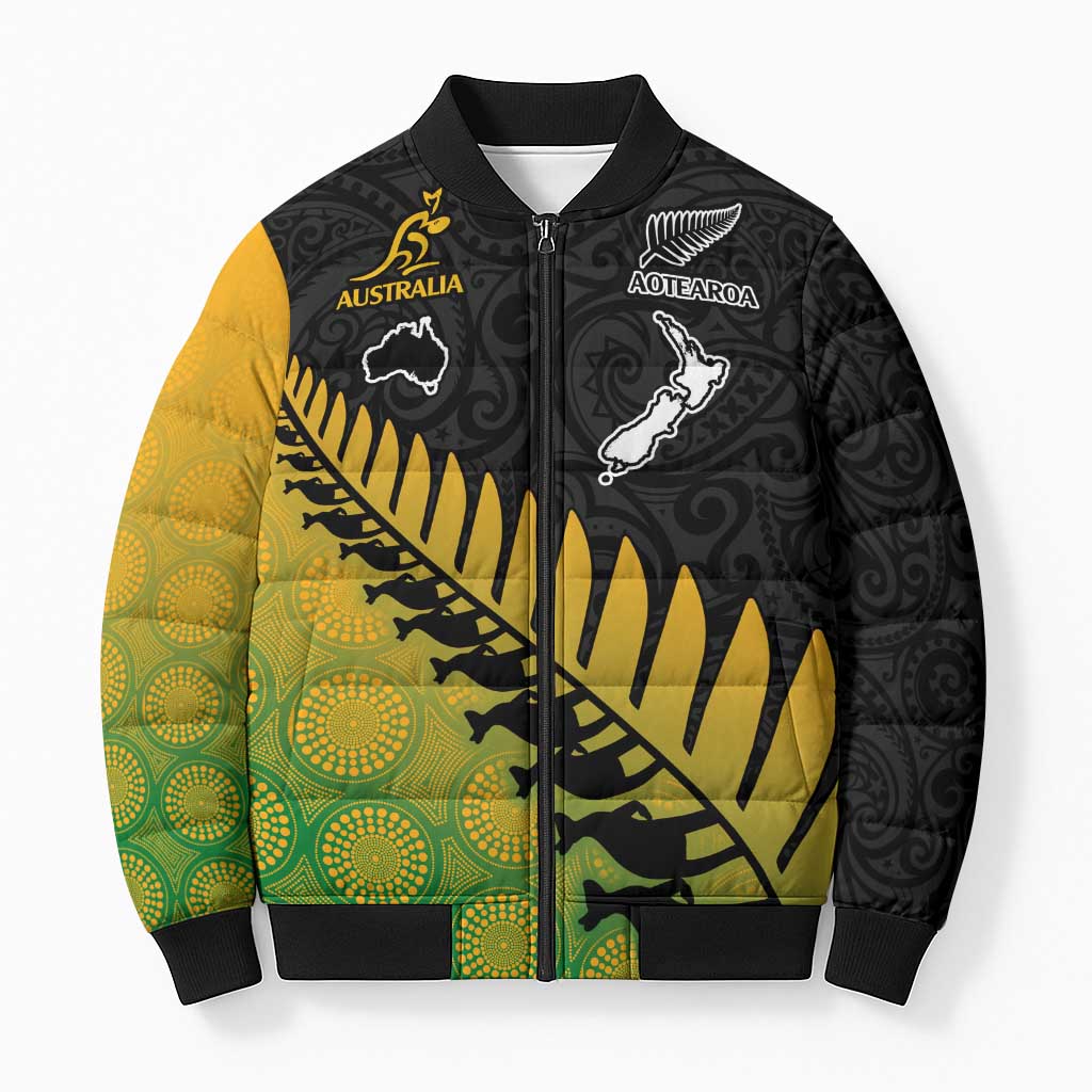 Australia New Zealand Rugby Bomber Puffer Jacket Gradient Aboriginal Wallabies and Maori Black Fern - Polynesian Pride