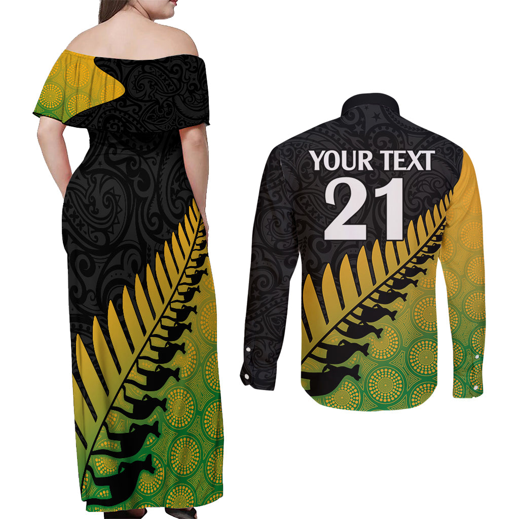 Custom Australia Wallabies and Aotearoa Rugby Couples Matching Off Shoulder Maxi Dress and Long Sleeve Button Shirts Kangaroo Black Fern Maori Gradient Vibe LT9 - Polynesian Pride