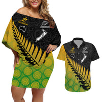 Custom Australia Wallabies and Aotearoa Rugby Couples Matching Off Shoulder Short Dress and Hawaiian Shirt Kangaroo Black Fern Maori Gradient Vibe LT9 Gradient - Polynesian Pride