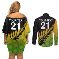 Custom Australia Wallabies and Aotearoa Rugby Couples Matching Off Shoulder Short Dress and Long Sleeve Button Shirts Kangaroo Black Fern Maori Gradient Vibe LT9 - Polynesian Pride