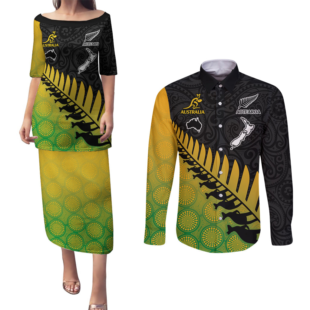 Custom Australia Wallabies and Aotearoa Rugby Couples Matching Puletasi Dress and Long Sleeve Button Shirts Kangaroo Black Fern Maori Gradient Vibe LT9 Gradient - Polynesian Pride