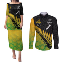 Custom Australia Wallabies and Aotearoa Rugby Couples Matching Puletasi Dress and Long Sleeve Button Shirts Kangaroo Black Fern Maori Gradient Vibe LT9 Gradient - Polynesian Pride