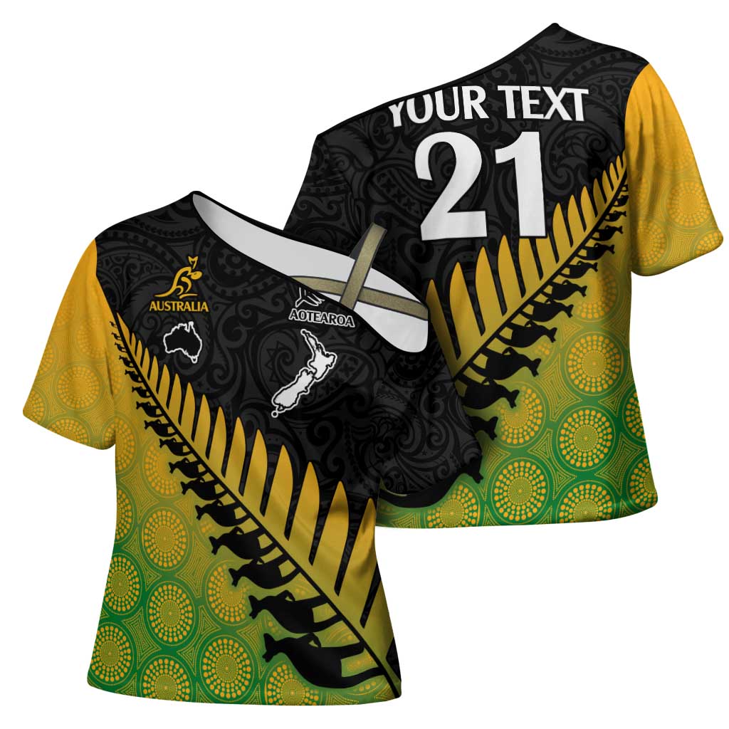Australia New Zealand Rugby Cross Shoulder Shirt Gradient Aboriginal Wallabies and Maori Black Fern - Polynesian Pride