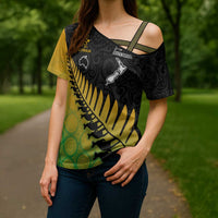 Australia New Zealand Rugby Cross Shoulder Shirt Gradient Aboriginal Wallabies and Maori Black Fern - Polynesian Pride