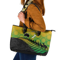 Australia New Zealand Rugby Leather Tote Bag Gradient Aboriginal Wallabies and Maori Black Fern - Polynesian Pride