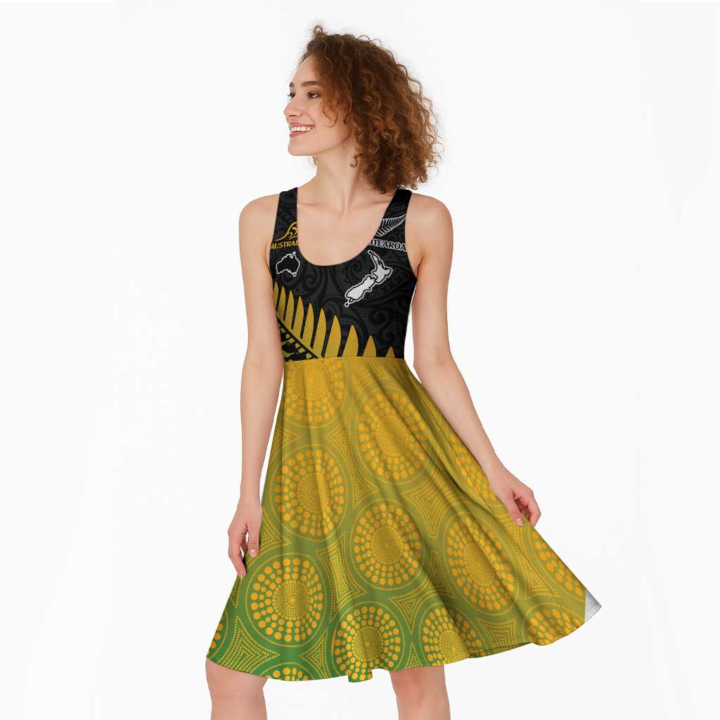 Australia New Zealand Rugby Midi Dress Gradient Aboriginal Wallabies and Maori Black Fern - Polynesian Pride