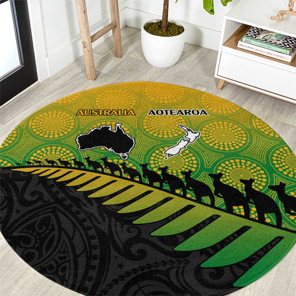 Australia New Zealand Rugby Round Carpet Gradient Aboriginal Wallabies and Maori Black Fern - Polynesian Pride