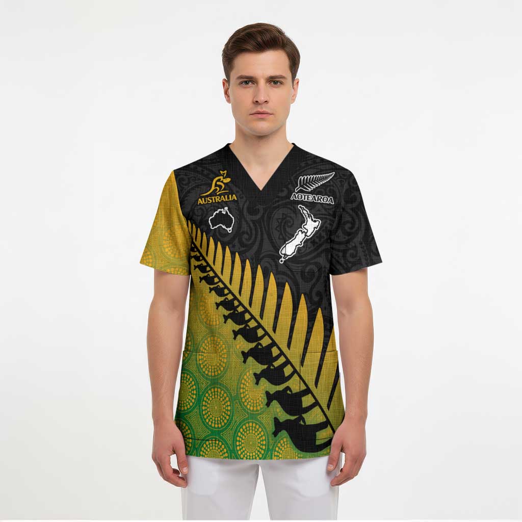 Australia New Zealand Rugby Scrub Top Gradient Aboriginal Wallabies and Maori Black Fern - Polynesian Pride