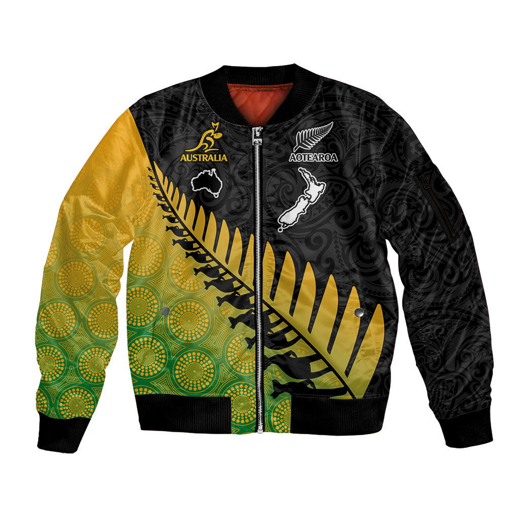 Custom Australia Wallabies and Aotearoa Rugby Sleeve Zip Bomber Jacket Kangaroo Black Fern Maori Gradient Vibe LT9 Unisex Gradient - Polynesian Pride