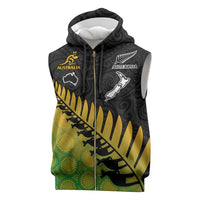 Australia New Zealand Rugby Sleeveless Zip Hoodie Gradient Aboriginal Wallabies and Maori Black Fern - Polynesian Pride