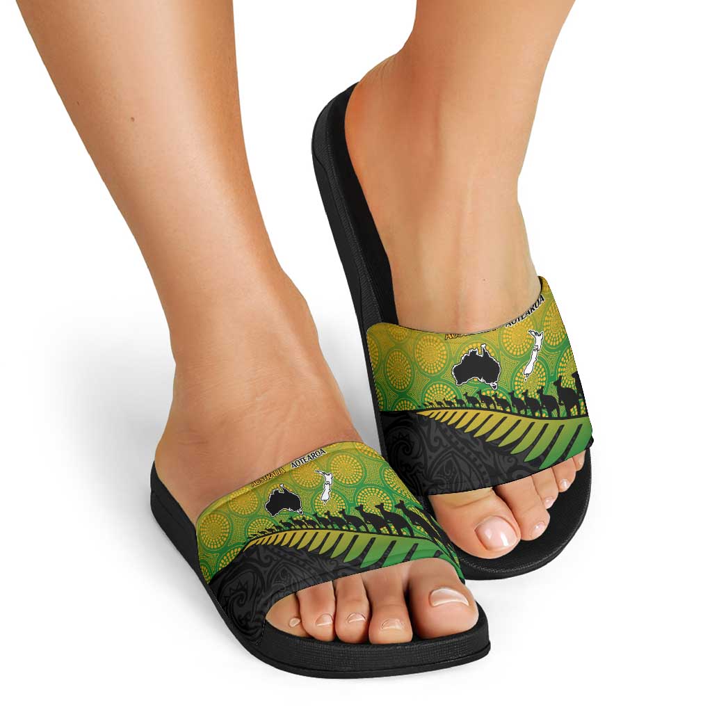 Australia New Zealand Rugby Slide Sandals Gradient Aboriginal Wallabies and Maori Black Fern - Polynesian Pride