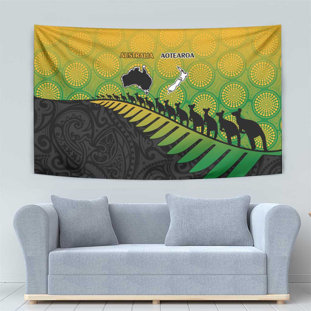 Australia New Zealand Rugby Tapestry Gradient Aboriginal Wallabies and Maori Black Fern - Polynesian Pride