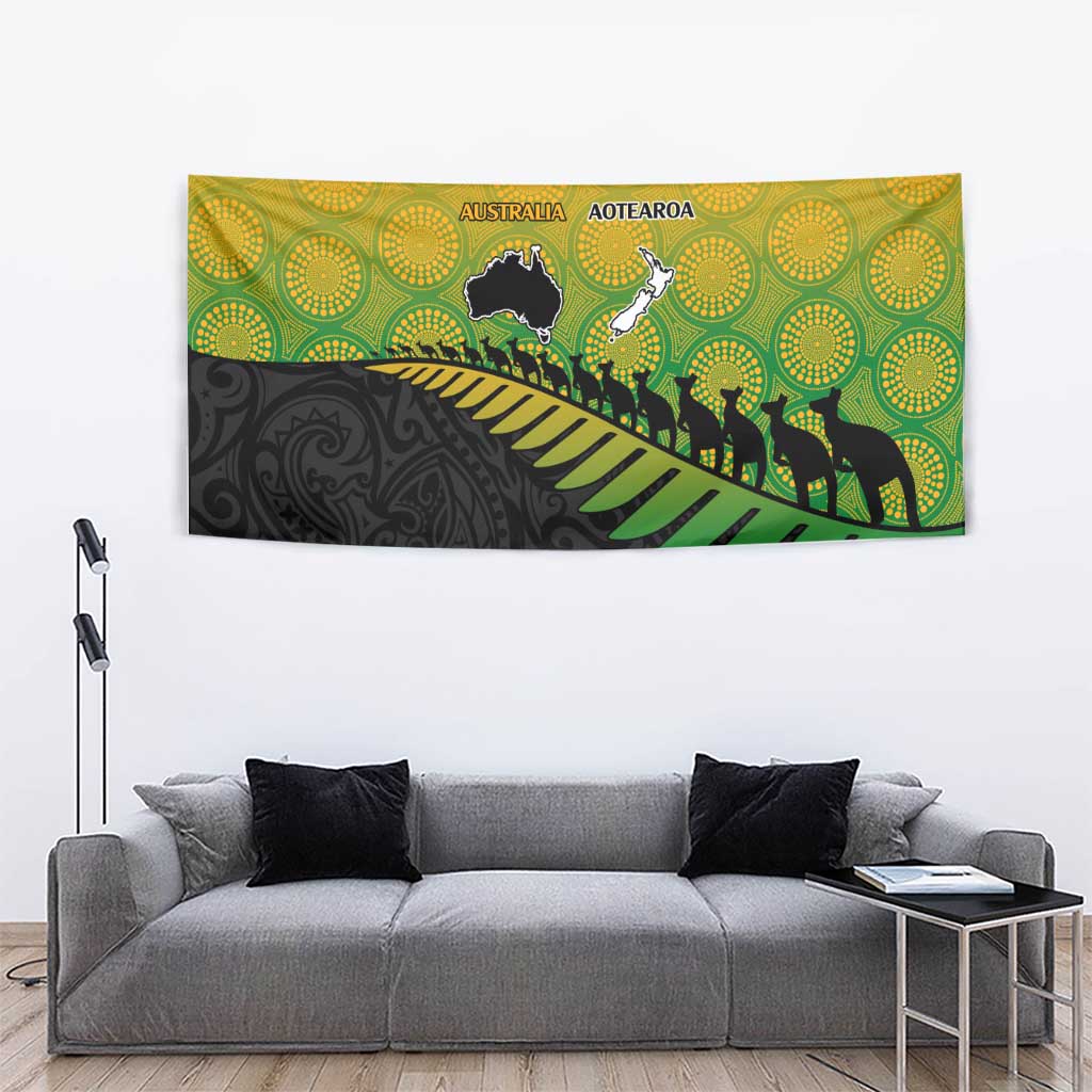 Australia New Zealand Rugby Tapestry Gradient Aboriginal Wallabies and Maori Black Fern - Polynesian Pride