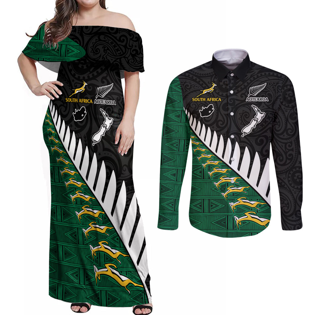 South Africa and Aotearoa Rugby Couples Matching Off Shoulder Maxi Dress and Long Sleeve Button Shirts Springboks Black Fern Maori Vibe LT9 Black - Polynesian Pride
