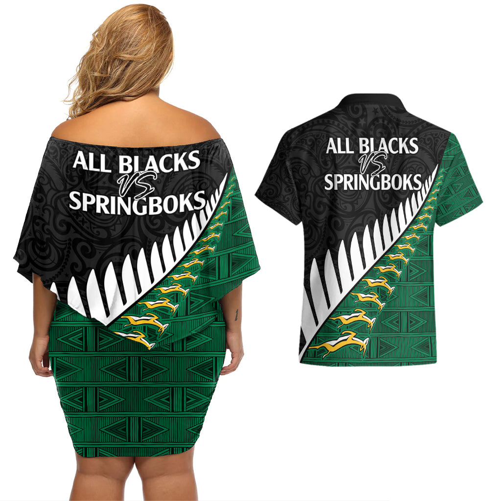 South Africa and Aotearoa Rugby Couples Matching Off Shoulder Short Dress and Hawaiian Shirt Springboks Black Fern Maori Vibe LT9 - Polynesian Pride