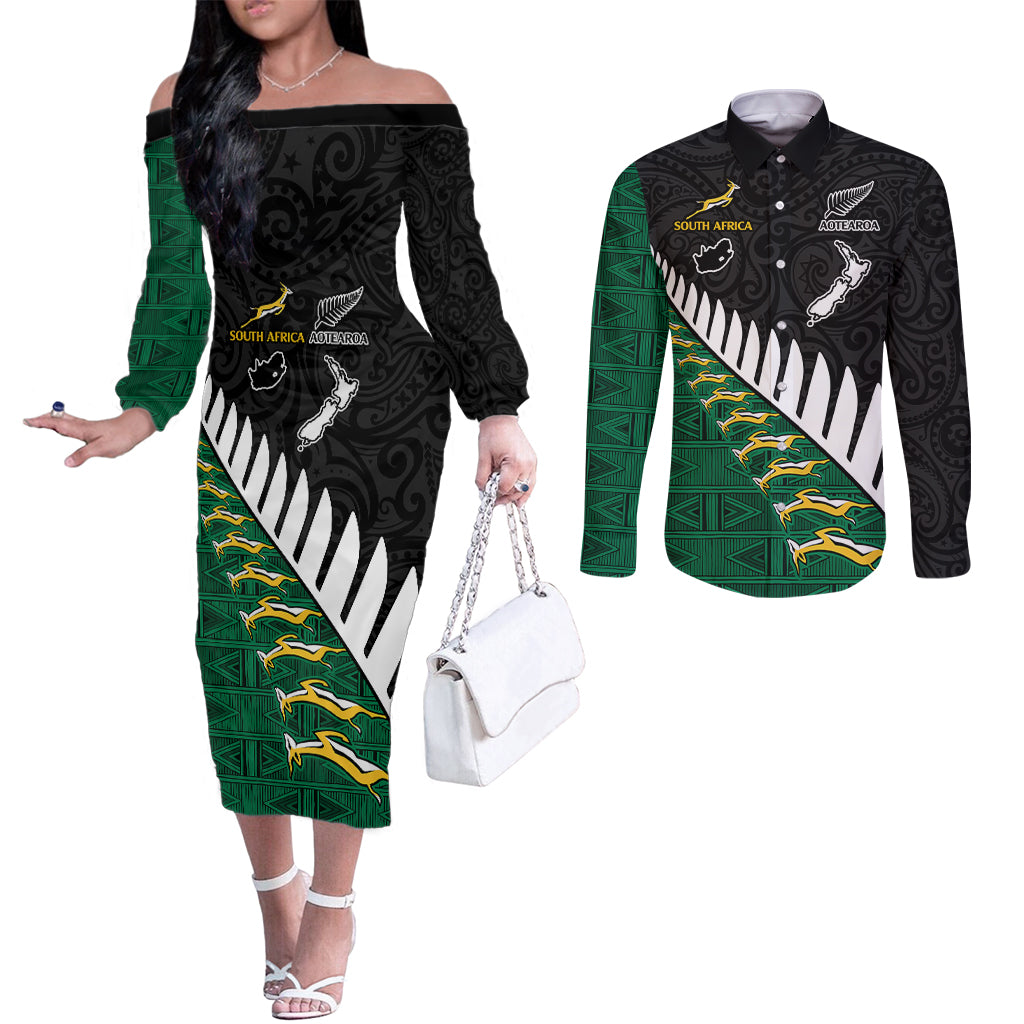 South Africa and Aotearoa Rugby Couples Matching Off The Shoulder Long Sleeve Dress and Long Sleeve Button Shirts Springboks Black Fern Maori Vibe LT9 Black - Polynesian Pride