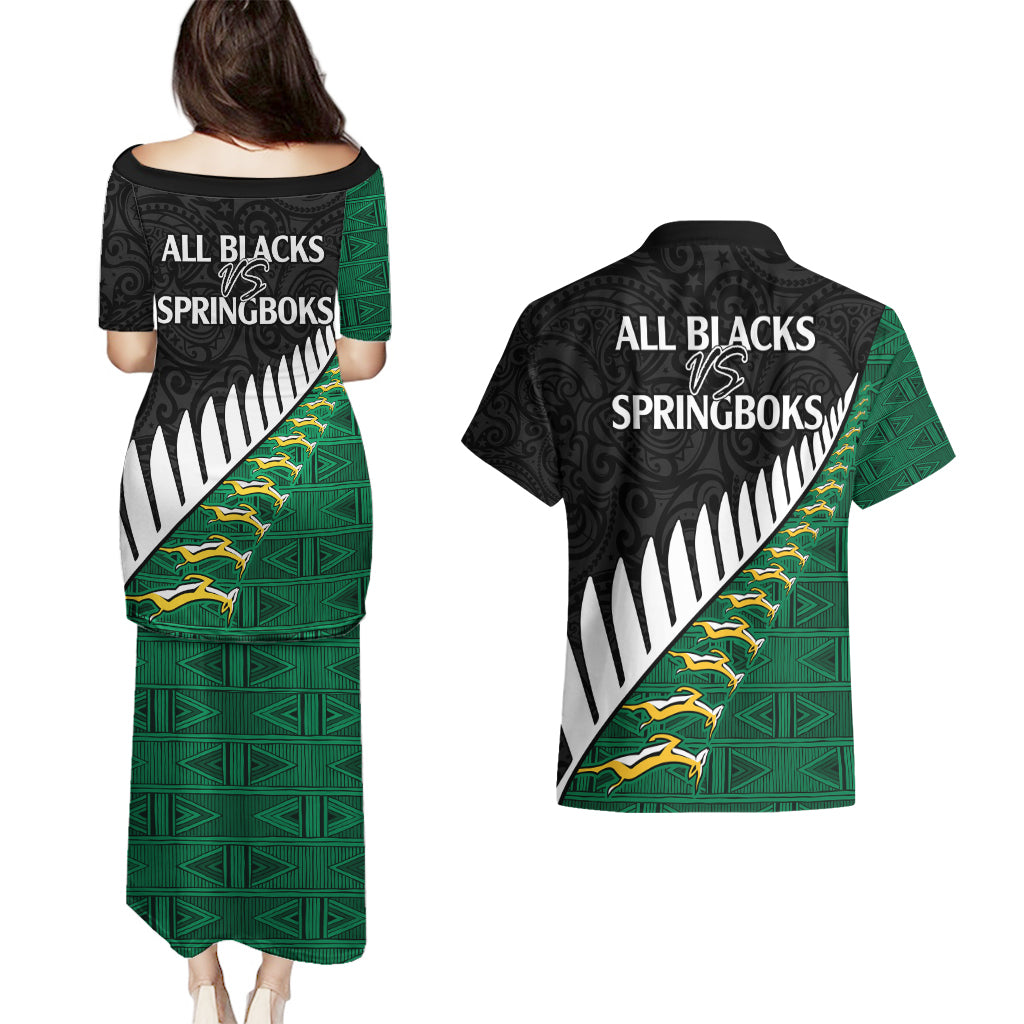 South Africa and Aotearoa Rugby Couples Matching Puletasi Dress and Hawaiian Shirt Springboks Black Fern Maori Vibe LT9 - Polynesian Pride