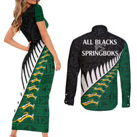 South Africa and Aotearoa Rugby Couples Matching Short Sleeve Bodycon Dress and Long Sleeve Button Shirts Springboks Black Fern Maori Vibe LT9 - Polynesian Pride