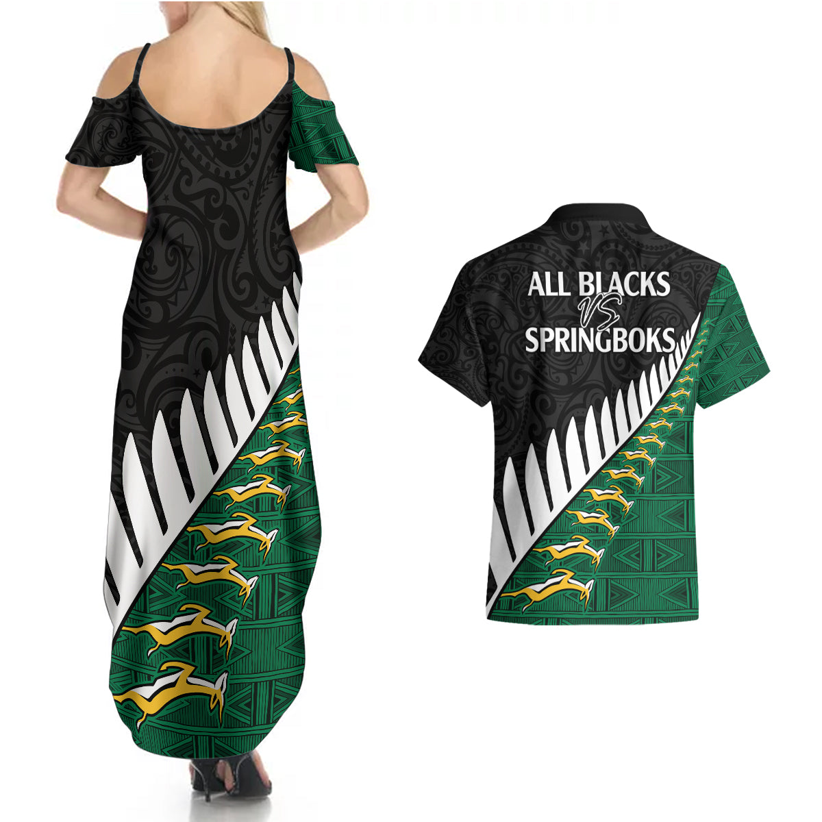 South Africa and Aotearoa Rugby Couples Matching Summer Maxi Dress and Hawaiian Shirt Springboks Black Fern Maori Vibe LT9 - Polynesian Pride