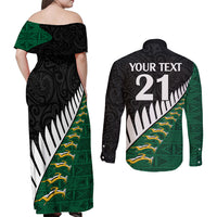 Custom South Africa and Aotearoa Rugby Couples Matching Off Shoulder Maxi Dress and Long Sleeve Button Shirts Springboks Black Fern Maori Vibe LT9 - Polynesian Pride