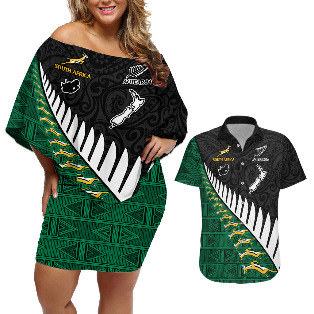Custom South Africa and Aotearoa Rugby Couples Matching Off Shoulder Short Dress and Hawaiian Shirt Springboks Black Fern Maori Vibe LT9 Black - Polynesian Pride