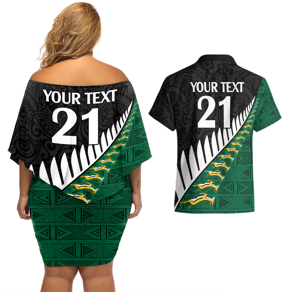Custom South Africa and Aotearoa Rugby Couples Matching Off Shoulder Short Dress and Hawaiian Shirt Springboks Black Fern Maori Vibe LT9 - Polynesian Pride