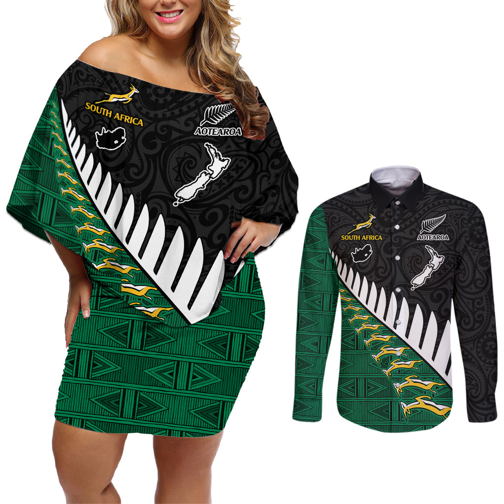 Custom South Africa and Aotearoa Rugby Couples Matching Off Shoulder Short Dress and Long Sleeve Button Shirts Springboks Black Fern Maori Vibe LT9 Black - Polynesian Pride