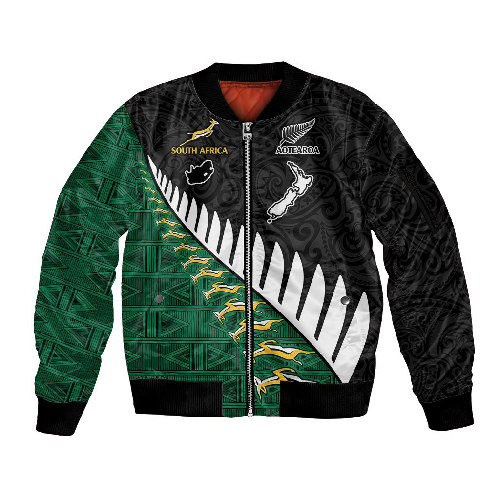 Custom South Africa and Aotearoa Rugby Sleeve Zip Bomber Jacket Springboks Black Fern Maori Vibe LT9 Unisex Black - Polynesian Pride