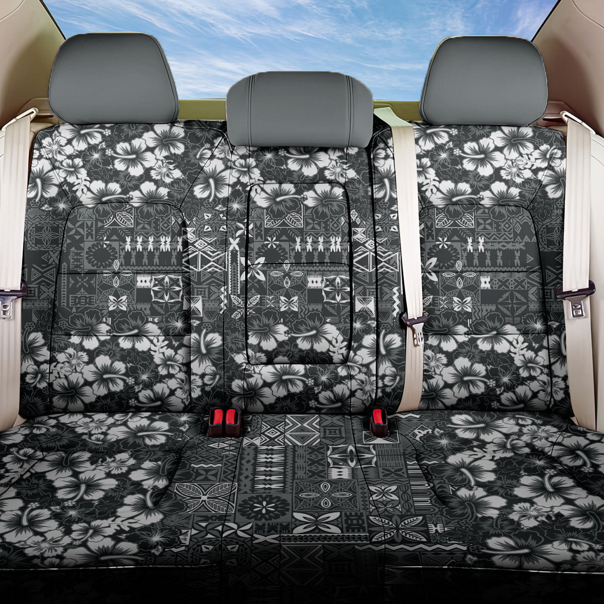 Black Hawaiian Tapa Tribal Hibiscus Back Car Seat Cover